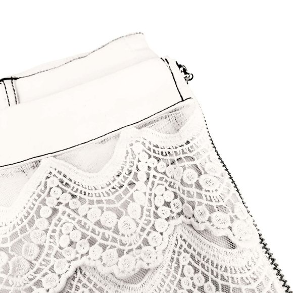 90s Off White Denim Skort Skirt Short Side Zippers Crochet Lace Trim Pockets M - Picture 7 of 8